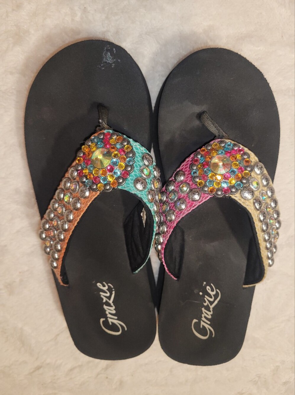 Grazie, Multicolor Jeweled Women's Leather Flip Flops, 9